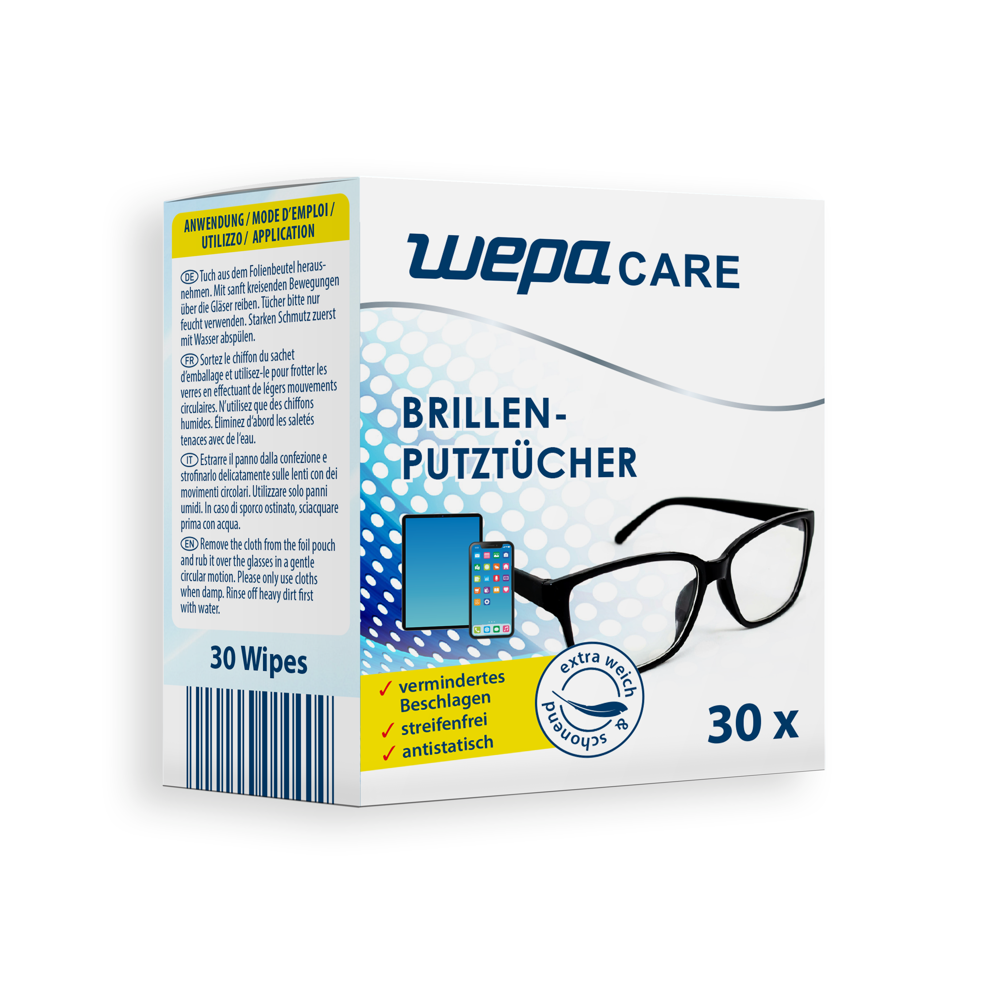 WEPA Care Brillenputztücher 30 Stück einzeln verpackt | geeignet auch als Bildschirmreinigungstücher
